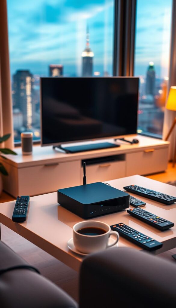 A modern home entertainment setup with a sleek IPTVANBIETERTV streaming device prominently displayed on a minimalist TV stand. The device is surrounded by various remote controls and a cup of coffee, creating a cozy, casual atmosphere. The room is bathed in warm, soft lighting, creating a relaxed and inviting ambiance. In the background, a large window provides a glimpse of a vibrant city skyline, emphasizing the convenience and versatility of IPTV streaming. The overall composition conveys the ease and simplicity of setting up IPTV services, ready for users to enjoy their favorite sports channels in just 5 minutes.