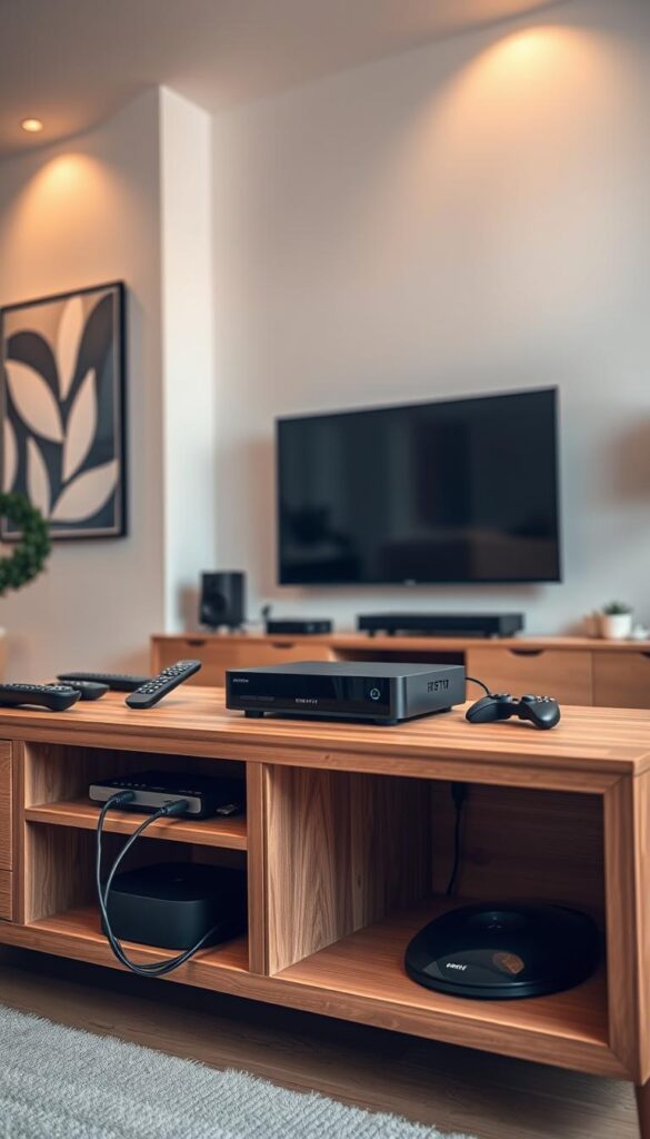 A modern home entertainment setup with a sleek IPTVANBIETERTV streaming device prominently displayed on a minimalist wooden media console. The device is surrounded by various remote controls, cables, and other accessories, neatly organized to create a cohesive and organized look. The room is bathed in warm, soft lighting, creating a cozy and inviting atmosphere. The walls feature modern, abstract artwork, complementing the minimalist design aesthetic. In the background, a large flat-screen TV is mounted on the wall, ready to showcase the high-quality IPTV content. The entire scene exudes a sense of technology, functionality, and seamless integration into the living space.
