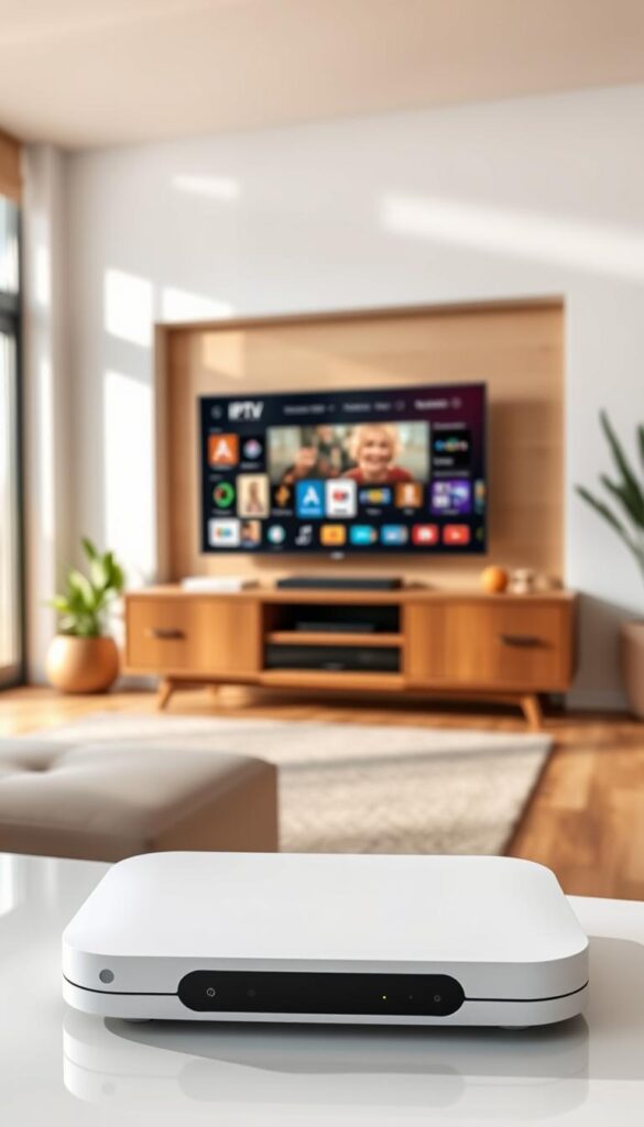 A modern home entertainment setup with a sleek and minimal IPTVANBIETERTV device prominently displayed on a contemporary media console. The living room features clean lines, natural light, and warm wood tones that create a cozy and inviting atmosphere. The IPTVANBIETERTV device is positioned in the foreground, its simple yet elegant design blending seamlessly with the overall aesthetic. In the middle ground, a modern flat-screen TV is mounted on the wall, ready to display the vast array of IPTV channels. The background showcases a warm, natural setting with potted plants and soft, diffused lighting, enhancing the serene and relaxing ambiance of the space.