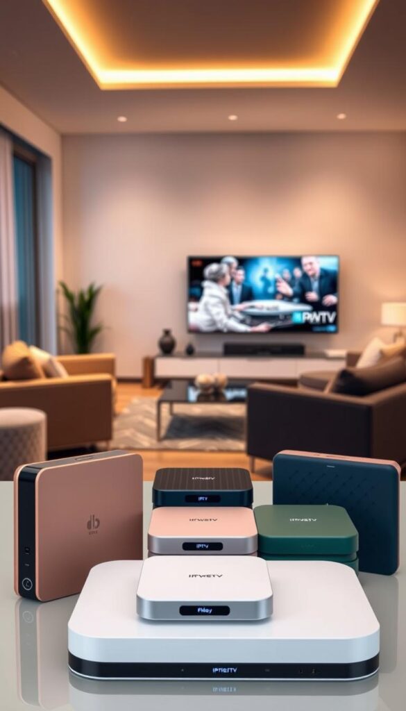 A modern home entertainment setup with multiple IPTV-Geräte from the brand IPTVANBIETERTV. The devices are displayed prominently in the foreground, showcasing their sleek, minimalist designs in a variety of colors. The middle ground features a tastefully decorated living room with comfortable seating, creating a cozy and inviting atmosphere. In the background, a large flatscreen TV dominates the scene, providing a glimpse of the high-quality content these IPTV-Geräte can deliver. Soft, warm lighting illuminates the space, contributing to an overall feeling of technological sophistication and domestic bliss.