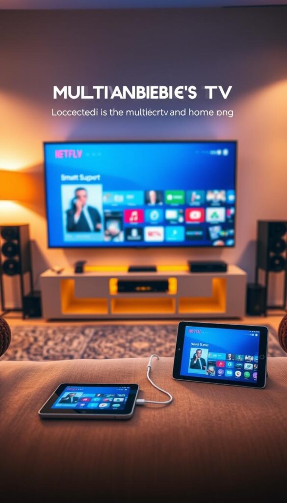 A modern home entertainment setup with multiple connected devices, showcasing the flexibility of IPTVANBIETERTV's multidevice support. The scene depicts a living room with a large smart TV, a tablet, and a smartphone all seamlessly integrated, allowing users to switch between devices and access content on the go. The space is bathed in warm, ambient lighting, creating a cozy and inviting atmosphere. The devices are arranged in a visually appealing, symmetrical layout, highlighting the streamlined and user-friendly nature of the IPTVANBIETERTV service. The scene conveys a sense of convenience, connectivity, and the freedom to enjoy IPTV content from anywhere in the home.