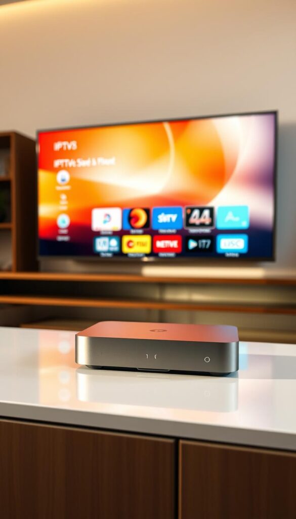A modern home entertainment system with a sleek, minimalist IPTVANBIETERTV device prominently displayed on a clean, minimalist media console. The device is rendered in a soft, muted metallic finish, casting subtle highlights across its simple, rectangular form. The scene is bathed in warm, natural lighting, giving it a cozy, inviting atmosphere. In the background, a large, high-definition television screen displays a vibrant, colorful interface, showcasing the device's comprehensive IPTV service support for a variety of connected devices. The overall composition emphasizes the IPTVANBIETERTV device's elegant design and the convenience of its extensive device compatibility.