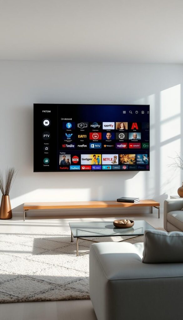 A modern home entertainment system with a sleek, minimalist IPTVANBIETERTV display floating in a minimalist, well-lit living room. The screen shows a dynamic, responsive user interface with a wide selection of on-demand content and live TV channels. The room is filled with natural light, creating a sense of openness and flexibility. The overall mood is one of technological sophistication and relaxation, showcasing the versatility and convenience of IPTV services compared to traditional cable or satellite TV.