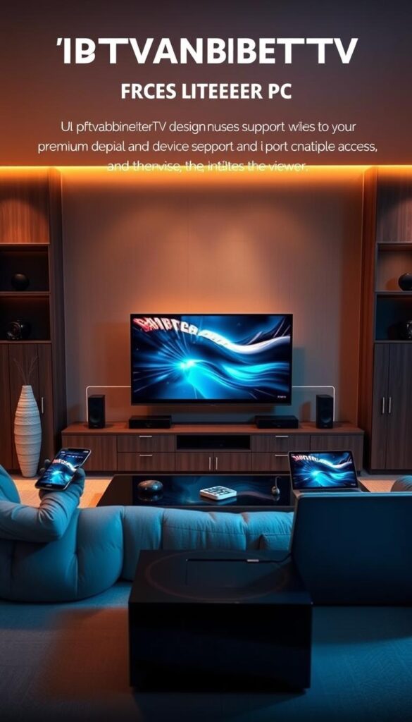 A modern home entertainment system with multiple devices seamlessly connected, showcasing the comprehensive device support of IPTVANBIETERTV. A sleek television set takes center stage, with smartphones, tablets, and a laptop peripherally arranged, all effortlessly accessing the IPTV service. The scene is bathed in warm, inviting lighting, reflecting the user-friendly nature of the platform. Minimalist, premium design elements suggest a premium, high-quality IPTV experience. The overall impression conveys the convenience and versatility of IPTVANBIETERTV's IPTV solution for the discerning viewer.