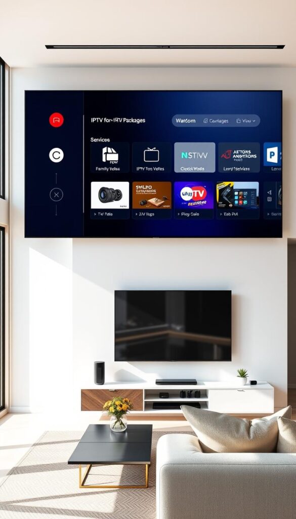 A modern home interior with a large flatscreen TV mounted on the wall, showcasing various IPTV packages and service options from the provider "IPTVANBIETERTV". The living room is bright and airy, with large windows allowing natural light to filter in. The TV screen displays a sleek, minimalist interface highlighting the flexibility and compatibility of the IPTV service across multiple devices. The room is tastefully decorated, with minimalist furniture and decor, creating a sophisticated and inviting atmosphere. The overall scene conveys the convenience and versatility of the IPTV offerings, perfect for a family home in Germany.