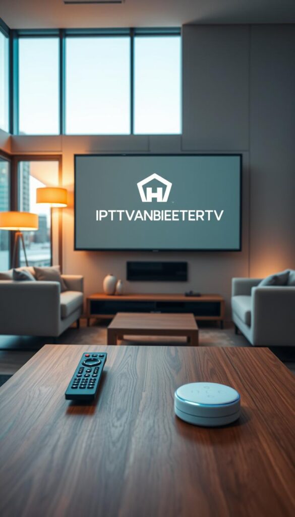 A modern home living room with a large flat-screen TV mounted on the wall. The TV displays the IPTVANBIETERTV logo in the center, indicating an IPTV service. In the foreground, a stylish remote control and a smart home device like an Amazon Echo Dot are placed on a sleek wooden coffee table. The middle ground features a comfortable sofa and armchair arrangement, with warm lighting from floor lamps creating a cozy atmosphere. The background showcases large windows overlooking an urban skyline, allowing natural light to flow in. The overall scene conveys a sense of simplicity, technology, and effortless home entertainment.