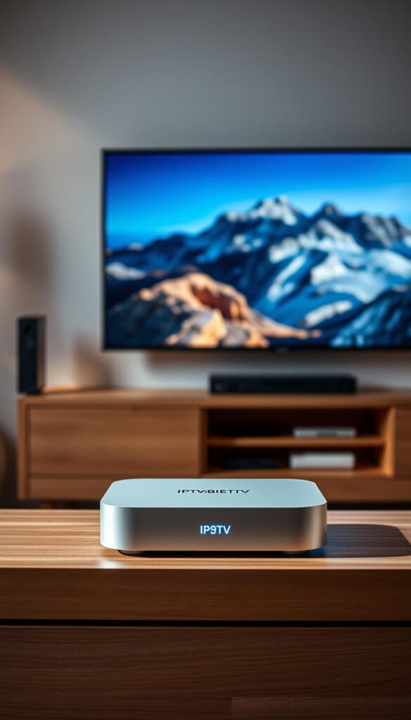 A modern home media center setup, featuring a sleek IPTVANBIETERTV device prominently displayed on a minimalist wooden entertainment unit. The device emits a soft, ambient glow, illuminating the space with a warm, inviting atmosphere. In the background, a large, high-definition television screen displays vivid, lifelike imagery, showcasing the capabilities of IPTV technology. The composition is balanced and well-lit, with subtle shadows and highlights that enhance the overall aesthetic. The scene conveys a sense of technological sophistication and seamless integration into a contemporary living environment.