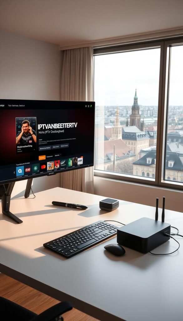 A modern home office setup with a sleek, minimalist aesthetic. A large widescreen monitor displays the IPTVANBIETERTV interface, showcasing the IPTV Deutschland service with a VPN connection. The room is bathed in warm, soft lighting, creating a cozy and productive atmosphere. The desk is clean and uncluttered, with a keyboard, mouse, and a discreet VPN router nearby. Floor-to-ceiling windows offer a panoramic view of a vibrant German cityscape in the background, blending the digital and physical worlds. The overall scene conveys the convenience and security of accessing IPTV Deutschland content from the comfort of a well-designed home office.