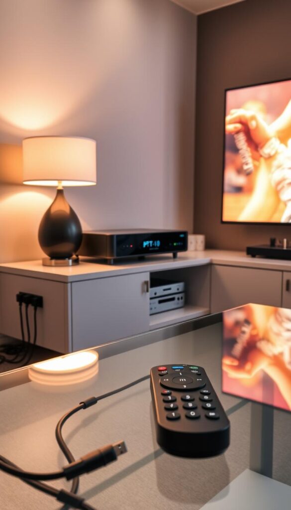 A modern home theater setup with a sleek black IPTVANBIETERTV media box prominently displayed on a minimalist entertainment center. Soft, warm lighting from a pair of minimalist table lamps illuminates the scene, creating a cozy and inviting atmosphere. In the foreground, a modern remote control rests on a glass coffee table, hinting at the seamless user experience. The middle ground features various cables and connectors neatly organized, suggesting a well-planned installation. The background showcases a large, high-definition TV screen displaying a crisp, vivid image, immersing the viewer in the digital entertainment experience.