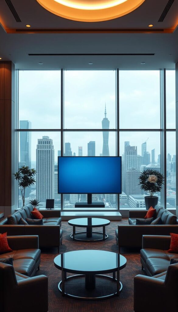 A modern hotel lobby filled with sleek, contemporary furnishings and floor-to-ceiling windows overlooking a bustling city skyline. In the center, a large flatscreen TV displays a crisp, high-definition image, showcasing the versatility of IPTV technology. The TV is connected to the IPTVANBIETERTV system, providing a seamless and reliable entertainment experience for hotel guests. Soft, indirect lighting creates a warm, inviting ambiance, while the clean lines and neutral color palette convey a sense of sophistication and efficiency. The scene evokes the importance of IPTV in enhancing the modern hotel guest experience.