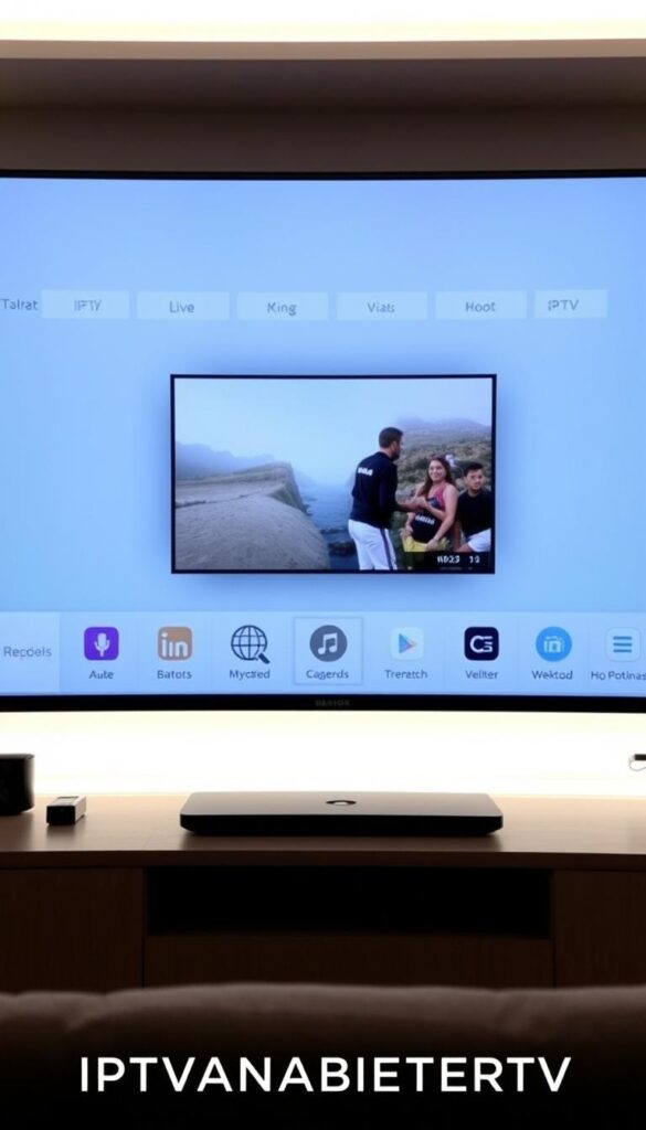 A modern, intuitive IPTV interface with a clean, minimalist design. A large central display showcases the currently playing content, surrounded by a neatly organized menu system with clear icons and labels. The interface has a calming, neutral color palette of greys and blues, creating a pleasant and uncluttered visual experience. In the foreground, the IPTVANBIETERTV logo is prominently displayed, indicating the provider. The overall layout is designed for easy navigation, with thoughtfully placed controls and options. Soft, diffused lighting illuminates the scene, creating a welcoming and user-friendly atmosphere.