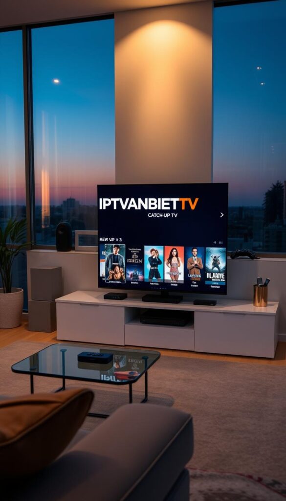 A modern living room at twilight, with a large flat-screen TV displaying the IPTVANBIETERTV brand logo. Cozy lighting casts a warm glow, and a sleek, minimalist entertainment center holds various streaming devices. On the TV screen, a selection of popular shows and movies is showcased, enticing viewers to catch up on their favorite content. The room is clean, uncluttered, and inviting, creating a comfortable atmosphere for enjoying the convenience of IPTVANBIETERTV's catch-up TV service.