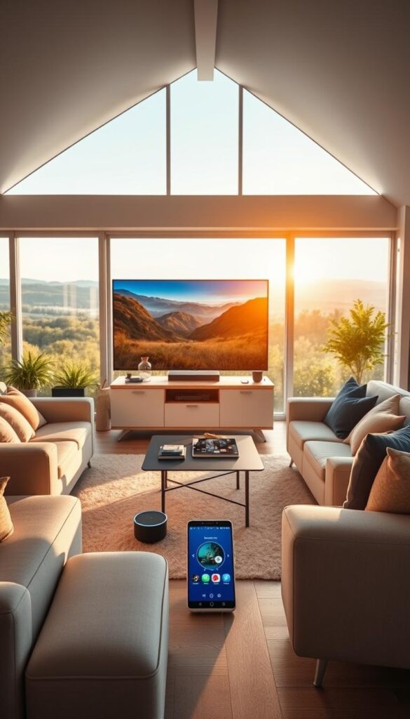 A modern living room filled with natural light, showcasing the benefits of IPTVANBIETERTV. In the foreground, a sleek smart TV displays vivid, high-quality IPTV content. Surrounding it, comfortable sofas and armchairs invite viewers to relax and enjoy the seamless streaming experience. In the middle ground, various smart home devices like a voice assistant and smartphone highlight the integration and convenience of IPTV. The background features large windows overlooking a lush, scenic landscape, creating a sense of openness and connectivity. The lighting is warm and inviting, with a soft, diffused glow that enhances the overall ambiance. The composition emphasizes the ease, versatility, and enjoyment of IPTVANBIETERTV, capturing the essence of the "Die Vorteile von IPTV im deutschen Markt" section.