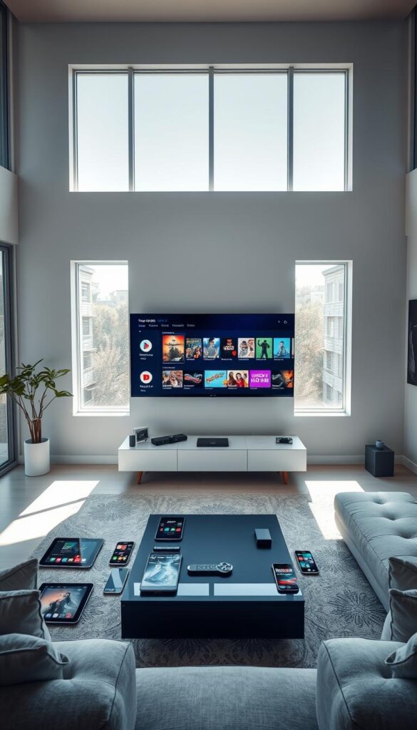 A modern living room, filled with natural light streaming through large windows. The room's centerpiece is a sleek, high-definition television displaying a range of entertainment options. Surrounding the TV are various smart devices, tablets, and smartphones, all connected and ready to access the IPTVANBIETERTV service. The atmosphere is one of seamless integration, where technology enhances the user's ability to enjoy a variety of content, from live TV to on-demand movies, across multiple platforms with ease and convenience. The room's minimal, contemporary design and muted color palette create a calming, sophisticated ambiance, ideal for immersive entertainment experiences.