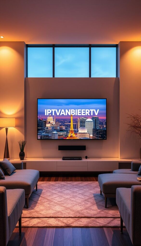 A modern living room in Frankfurt, Germany, illuminated by warm, diffuse lighting. A large, flat-screen TV dominates the center, displaying the IPTVANBIETERTV logo against a backdrop of vibrant cityscapes and iconic landmarks. Sleek, minimalist furniture surrounds the TV, creating a cozy, yet sophisticated atmosphere. The room is filled with a sense of technological advancement and seamless entertainment, reflecting the revolution of television in the city. The image conveys the convenience and versatility of IPTV streaming, catering to the diverse viewing preferences of Frankfurt residents.