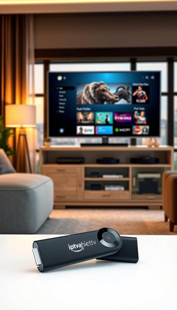 A modern living room interior with a cozy, warm atmosphere. In the foreground, a sleek black Amazon Firestick is prominently displayed, ready for installation. Behind it, a flatscreen TV displays the IPTVANBIETERTV app interface, showcasing its intuitive menu and diverse content options. The middle ground features a stylish media cabinet housing various streaming devices, remote controls, and other home entertainment equipment. The background depicts large windows overlooking a cityscape, with soft, natural lighting filtering through. The overall composition conveys a sense of technological integration and seamless home entertainment experience.