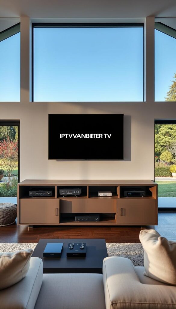 A modern living room interior with a large flat-screen TV mounted on the wall. The TV screen displays the IPTVANBIETERTV logo in a sleek, minimalist design. Beside the TV, a high-end media center unit houses various streaming devices and a smart home hub. The room is filled with natural light, with large windows overlooking a picturesque garden. The decor is minimal and sophisticated, with neutral colors and clean lines. A comfortable sofa and armchair provide seating, and a coffee table holds various remote controls. The overall atmosphere is one of simplicity, functionality, and high-quality German engineering.