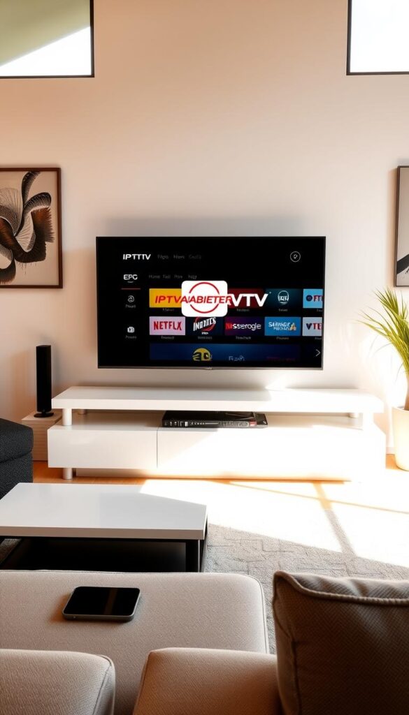 A modern living room setting with a sleek and minimalist design. In the center, a flat-screen TV displays the IPTVANBIETERTV logo, showcasing the user interface of an IPTV service with an Electronic Program Guide (EPG). The room is bathed in warm, natural lighting that filters through large windows, creating a cozy and inviting atmosphere. On a nearby coffee table, a remote control and a smartphone are placed, indicating the seamless integration of multiple devices for IPTV access. The walls are adorned with abstract art pieces, complementing the contemporary aesthetic. The overall scene conveys the convenience and accessibility of IPTV with EPG, catering to the needs of tech-savvy individuals in a visually appealing and organized manner.
