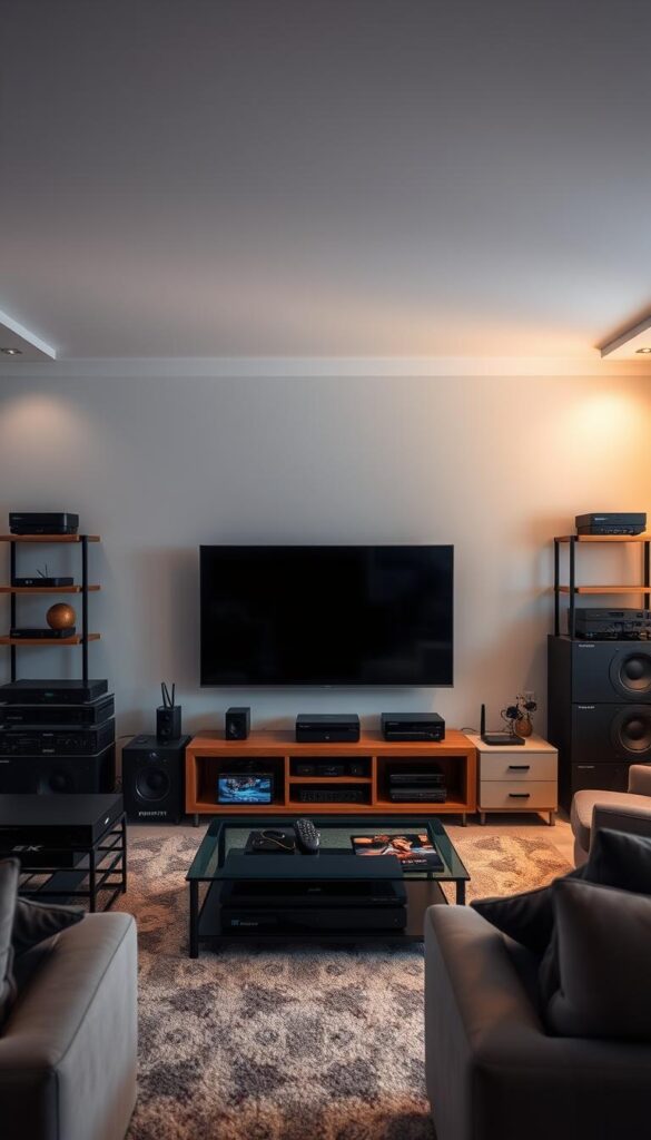 A modern living room setup, filled with high-tech devices, showcasing an IPTVANBIETERTV streaming experience. In the center, a sleek 4K television displays crisp, high-quality video with vibrant colors and deep blacks. Surrounding the TV, an array of streaming devices, routers, and other networking equipment create an immersive, tech-savvy atmosphere. Soft, directional lighting illuminates the scene, highlighting the premium, high-end aesthetic. The overall mood is one of technological sophistication and seamless IPTV performance, conveying a solution to streaming quality problems.