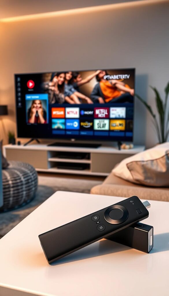 A modern living room with a cozy atmosphere, featuring a sleek Amazon Fire TV Stick prominently displayed on a minimalist TV stand. The device is connected to a large, high-definition television, casting a vivid, colorful display of the IPTVANBIETERTV interface. The room is illuminated by warm, soft lighting, creating a comfortable and inviting ambiance. The background showcases a minimalist, Scandinavian-inspired decor, with neutral tones and natural elements that complement the overall aesthetic. The entire scene conveys the ease and convenience of accessing a vast array of IPTV content on the Amazon Fire TV Stick.