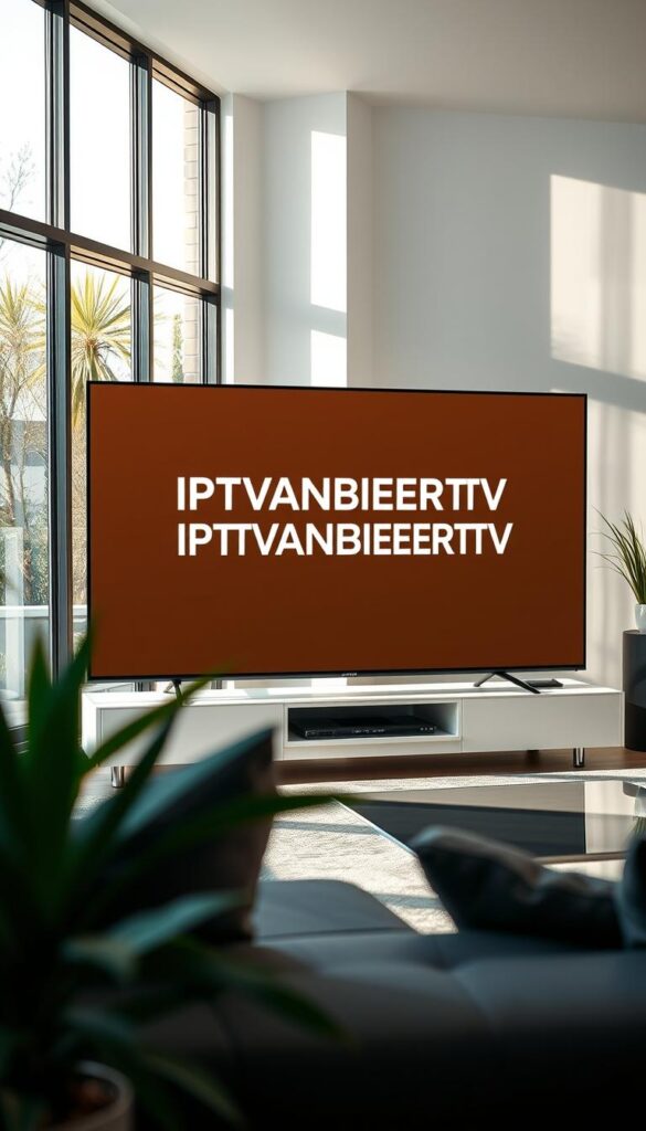 A modern living room with a large 4K TV display, showcasing the IPTVANBIETERTV brand on the screen. The room is well-lit, with natural sunlight streaming in through large windows, creating a warm and inviting atmosphere. The TV is positioned prominently, capturing the viewer's attention. The overall scene conveys a sense of entertainment, comfort, and the possibility of accessing free IPTV services in Deutschland.