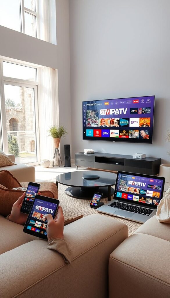 A modern living room with a large TV displaying IPTV content, surrounded by various other devices like smartphones, tablets, and a laptop, all connected and streaming IPTV from IPTVANBIETERTV. The room is well-lit, with natural light streaming in through large windows, creating a warm and inviting atmosphere. The devices are arranged in a visually appealing way, showcasing the seamless integration and compatibility of IPTV across multiple platforms. The overall scene conveys the ease and flexibility of IPTV, allowing users to enjoy their favorite content on their preferred devices.