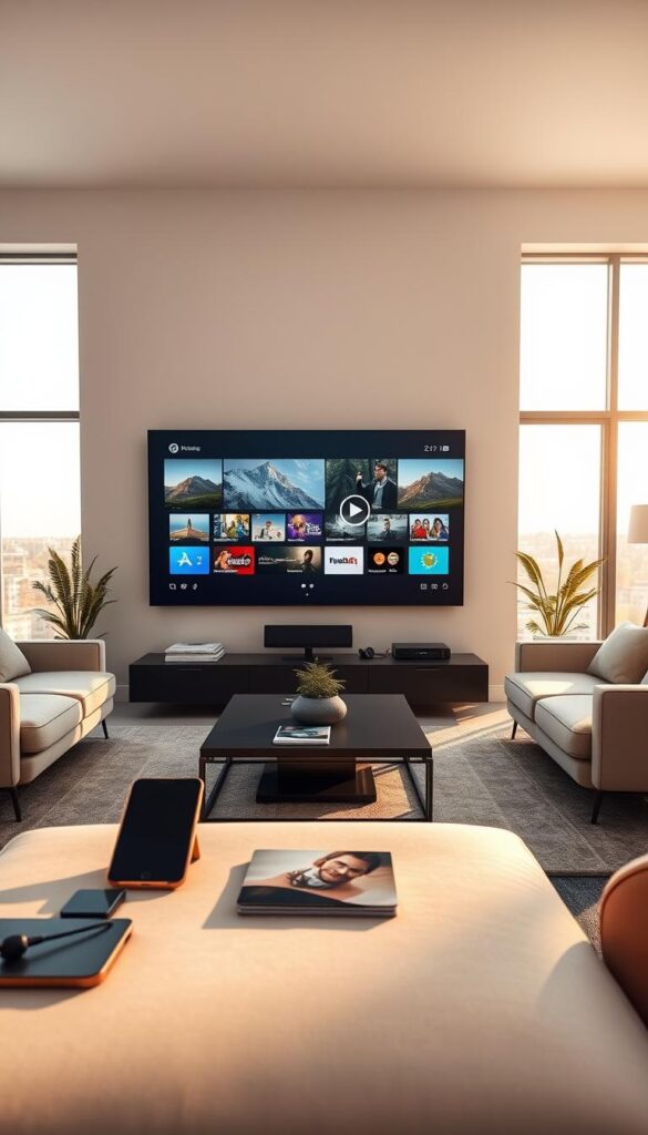 A modern living room with a large TV screen displaying IPTVANBIETERTV's multi-screen functionality. The TV is surrounded by sleek, minimalist furniture in neutral tones. The room is bathed in warm, natural lighting from large windows, creating a cozy and inviting atmosphere. In the foreground, various electronic devices such as smartphones and tablets are seamlessly connected to the TV, showcasing the multi-screen capabilities. The middle ground features a stylish coffee table with a magazine or remote control, reinforcing the idea of a comfortable, tech-savvy living space. The background is clean and uncluttered, allowing the focus to remain on the central TV and its multi-screen features.