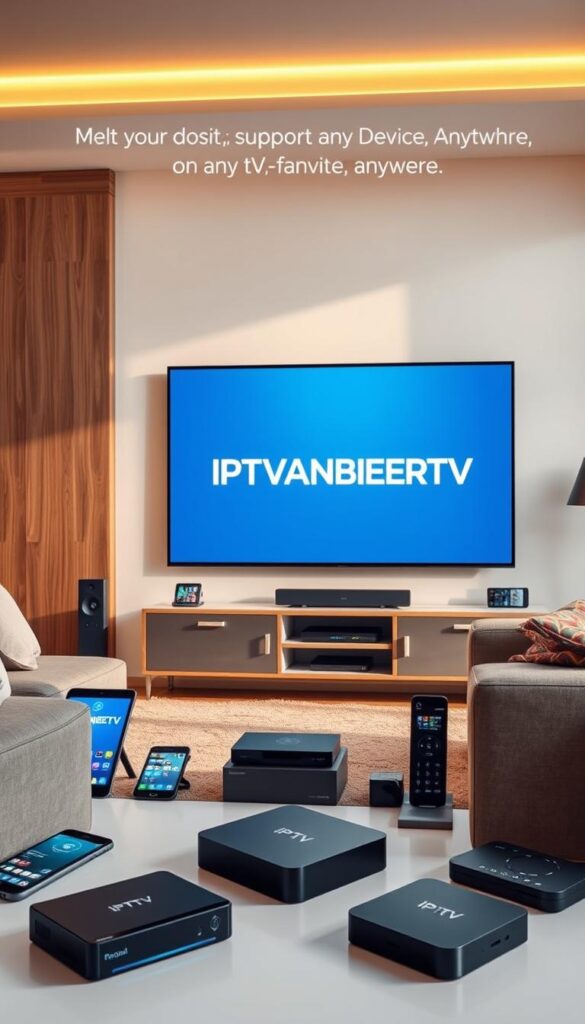 A modern living room with a large TV screen displaying the IPTVANBIETERTV logo, surrounded by various other smart devices such as smartphones, tablets, and streaming boxes. The room is bathed in warm, natural lighting, creating a cozy and inviting atmosphere. The devices are seamlessly integrated, showcasing the flexibility and convenience of IPTV technology. The overall scene conveys the idea of multi-device support, allowing users to access their favorite content on any device, anytime, anywhere.