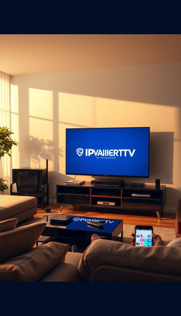 A modern living room with a large flat-screen TV and various media devices connected, creating a seamless home entertainment setup. The room is bathed in warm, natural light, with clean lines and minimalist decor. On the TV screen, the IPTVANBIETERTV logo is prominently displayed, showcasing its multidevice compatibility. The scene conveys a sense of convenience and flexibility, with remote controls and smartphones visible, hinting at the ability to access IPTV content on different devices throughout the home.