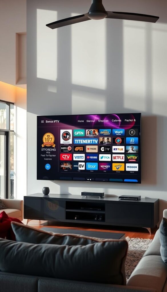 A modern living room with a large flat-screen TV displaying a detailed IPTV interface. The interface showcases various channels, streaming options, and the IPTVANBIETERTV logo prominently displayed. The room is well-lit, with natural light streaming in through large windows, creating a warm and inviting atmosphere. The TV is surrounded by comfortable furniture, creating a cozy and relaxed setting. The overall scene conveys the ease and convenience of using an IPTV service like IPTVANBIETERTV on multiple devices in the home.