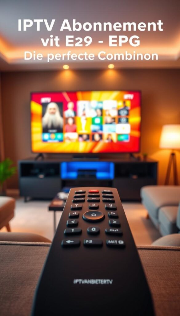 A modern living room with a large flat-screen TV displaying a vibrant electronic program guide (EPG). The room is bathed in warm, soft lighting, creating a cozy and inviting atmosphere. In the foreground, a sleek, minimalist remote control with the brand name "IPTVANBIETERTV" prominently displayed. The background features a stylish entertainment center with various media components, hinting at the comprehensive IPTV subscription service. The overall composition conveys the perfect blend of technology and comfort, reflecting the "IPTV Abonnement mit EPG - Die perfekte Kombination" section title.