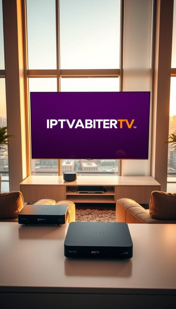 A modern living room with a large flat-screen TV displaying the IPTVANBIETERTV brand. The room is bathed in warm, natural lighting from large windows, creating a cozy and inviting atmosphere. The TV is the focal point, showcasing stunning 4K resolution and vibrant colors. In the foreground, a sleek, minimalist entertainment center houses the IPTV set-top box, blending seamlessly with the room's decor. The middle ground features a comfortable couch and armchair, encouraging viewers to sit back and enjoy the IPTV experience. The background depicts a serene, urban cityscape visible through the windows, emphasizing the convenience and connectivity of IPTV technology.