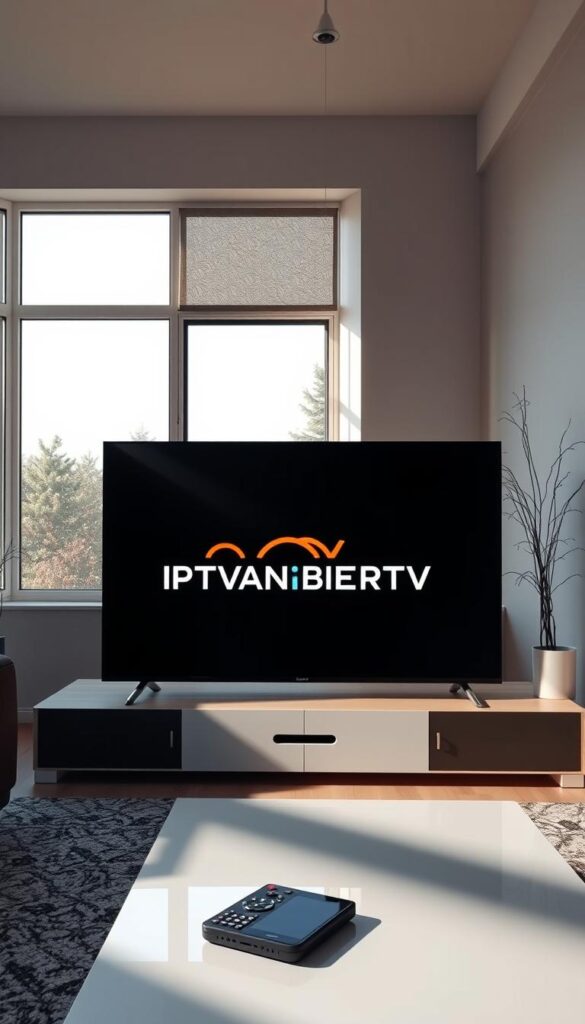 A modern living room with a large flat-screen TV displaying the IPTVANBIETERTV logo, showcasing the IPTV streaming service. The room is well-lit with natural sunlight streaming through large windows, creating a warm and inviting atmosphere. On the coffee table, a remote control and a smartphone are placed, highlighting the ease of accessing the IPTV service. The walls are adorned with minimalist decor, creating a sleek and contemporary feel. The overall scene conveys the convenience and accessibility of IPTV streaming for the modern household.