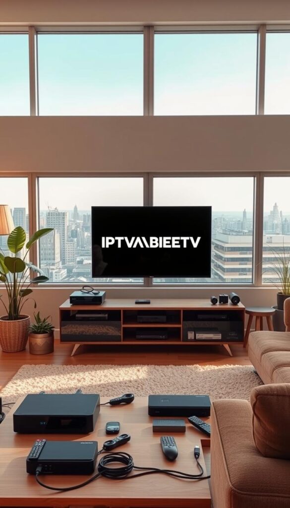 A modern living room with a large flat-screen TV displaying the IPTVANBIETERTV logo, surrounded by various electronic devices and streaming media players. The room is filled with natural light from large windows, creating a warm and inviting atmosphere. In the foreground, a sleek and minimalist entertainment center showcases the latest IPTV technology, with various remotes and cables neatly organized. The middle ground features various lifestyle elements, such as comfortable seating, a potted plant, and a cozy rug, suggesting the convenience and integration of IPTV into the home environment. The background depicts a cityscape visible through the windows, hinting at the global reach and accessibility of the IPTV service.