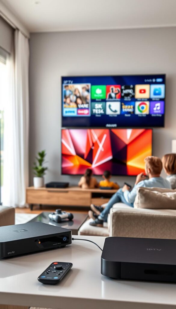 A modern living room with a large flat-screen TV mounted on the wall, displaying a vivid and colorful IPTV interface. In the foreground, a sleek and minimalist entertainment system with an IPTVANBIETERTV set-top box, remote control, and connected devices like a game console and streaming device. The middle ground showcases a group of people, both young and old, sitting comfortably on a plush sectional sofa, engrossed in the content on the TV screen. The background features large windows, allowing natural light to flood the space and creating a warm, inviting atmosphere. The scene conveys the convenience and versatility of IPTV, catering to the needs of a diverse household in the modern television era.