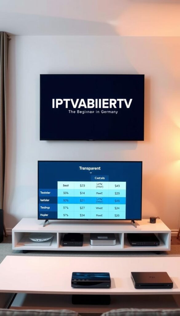 A modern living room with a large flat-screen TV mounted on the wall, displaying the IPTVANBIETERTV logo. The room is well-lit, with soft, warm lighting casting a cozy glow. In the foreground, a sleek, minimalist entertainment center holds various streaming devices. On the screen, a pricing table showcases the transparent cost options for IPTV services in Germany, displayed in a clean, easy-to-read format. The overall atmosphere is one of simplicity, comfort, and clarity, reflecting the article's focus on guiding beginners through the IPTV landscape in Germany.