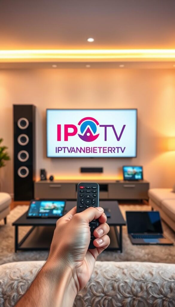 A modern living room with a large flat-screen TV mounted on the wall, surrounded by various other devices such as smartphones, tablets, and a laptop. The room is well-lit with warm, ambient lighting, creating a cozy and inviting atmosphere. In the foreground, a hand is holding a remote control, signifying the user's ability to control the IPTV-Streaming-Dienst across multiple devices. The background features a stylized illustration of the IPTVANBIETERTV brand logo, seamlessly integrated into the scene. The overall composition conveys the idea of seamless, multi-device entertainment and the convenience of IPTV services.
