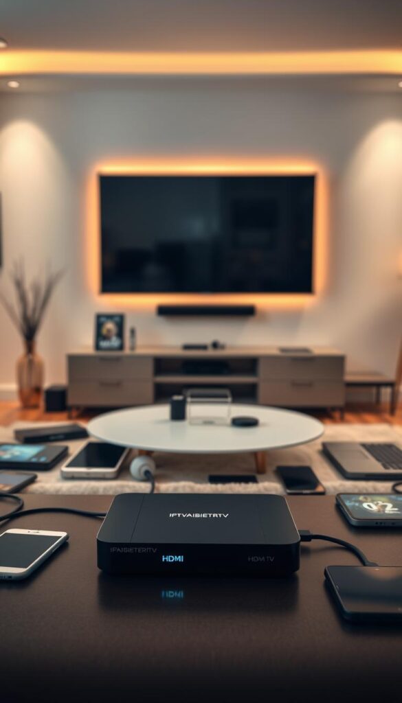A modern living room with a large flat-screen TV mounted on the wall. In the foreground, a sleek IPTVANBIETERTV set-top box is prominently displayed, connected to the TV via HDMI. Around the room, various digital devices such as smartphones, tablets, and laptops are scattered, all seamlessly connected to the IPTV service. The lighting is soft and warm, creating a cozy atmosphere. The background features a minimalist, contemporary design with clean lines and subtle accents, highlighting the technological integration throughout the space.