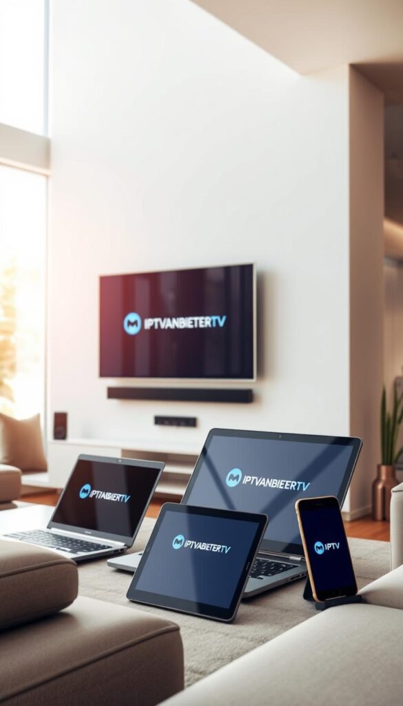 A modern living room with a large flat-screen TV mounted on the wall. On the TV, the IPTVANBIETERTV logo is prominently displayed, indicating an IPTV service. In the foreground, a laptop, tablet, and smartphone are arranged, all connected to the IPTV service and displaying the same content simultaneously. The room is well-lit, with natural light flooding in from large windows, creating a warm and inviting atmosphere. The furniture is sleek and minimalist, complementing the technological focus of the scene. The overall composition conveys the seamless integration of IPTV across multiple devices, allowing for a versatile and convenient entertainment experience.