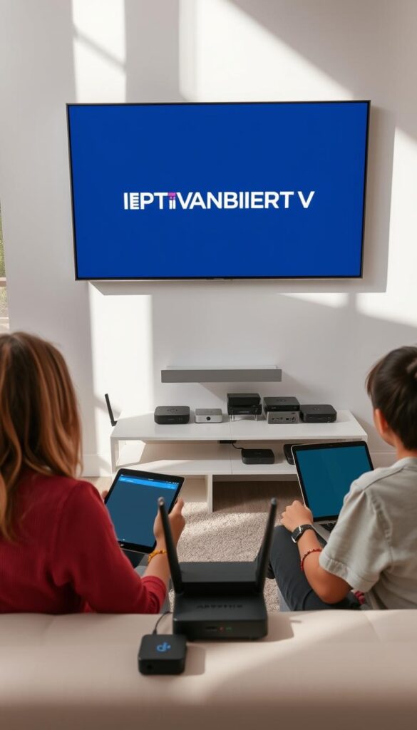 A modern living room with a large, flat-screen TV mounted on the wall. Sunlight streams in through large windows, creating a warm and inviting atmosphere. On the TV screen, the IPTVANBIETERTV logo is prominently displayed, indicating a seamless IPTV experience. In the foreground, a family is gathered around the TV, each with their own device - a tablet, a smartphone, and a laptop - all connected to the same IPTV service, enjoying a variety of content. The middle ground features a sleek, minimalist entertainment unit with various streaming devices and a wireless router, facilitating the multi-device setup. The background showcases a well-organized, clutter-free space, emphasizing the convenience and integration of the IPTV system within the home environment.