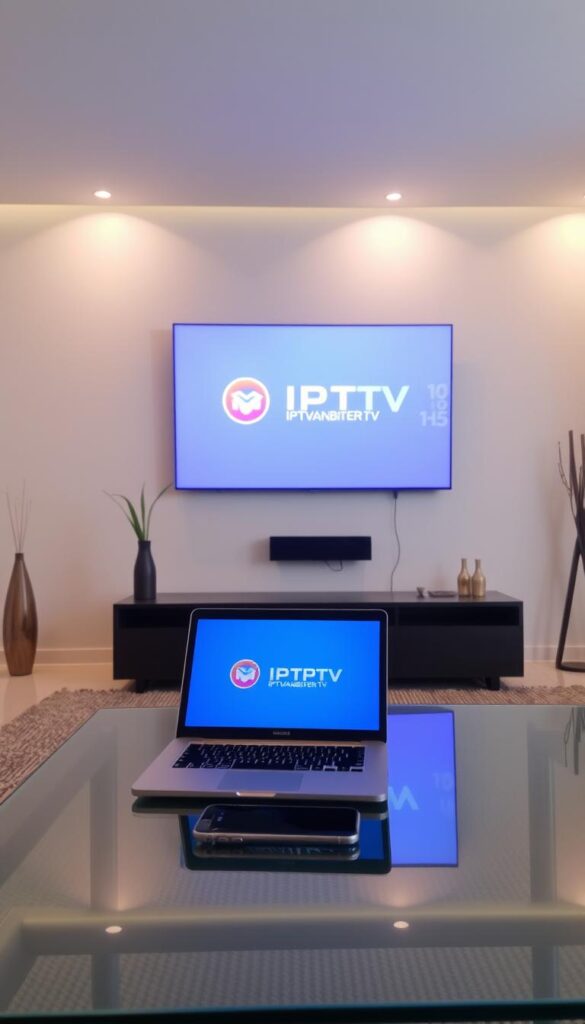 A modern living room with a large flat-screen TV mounted on the wall. The TV screen displays the IPTVANBIETERTV brand logo, indicating an IPTV service. In the foreground, a laptop and a smartphone are positioned on a sleek glass table, showcasing the digital nature of IPTV. The room is well-lit, with a mix of natural and artificial lighting creating a warm, inviting atmosphere. The walls are adorned with minimalist decor, emphasizing the clean, contemporary design. The overall scene conveys the ease and accessibility of IPTV technology for a comfortable, at-home viewing experience.