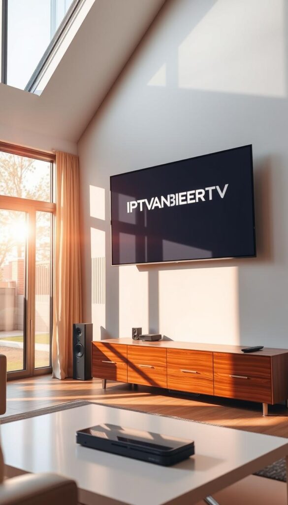 A modern living room with a large flat-screen TV mounted on the wall. The TV screen displays the IPTVANBIETERTV brand logo, indicating a cable television service. In the foreground, a sleek and minimalist entertainment center with various devices and remotes. Sunlight filters in through large windows, casting a warm, inviting glow throughout the room. The overall atmosphere is one of comfort and technological sophistication, reflecting the traditional yet evolving nature of cable television. The scene is captured with a wide-angle lens, showcasing the room's depth and spatial awareness.