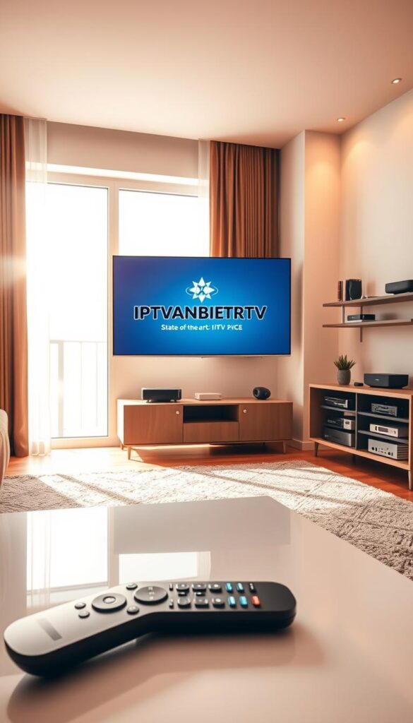 A modern living room with a large flat-screen TV mounted on the wall. The room is bathed in warm, natural light streaming through floor-to-ceiling windows. On the TV screen, the IPTVANBIETERTV logo is prominently displayed, indicating a state-of-the-art IPTV service. In the foreground, a sleek remote control sits on a minimalist coffee table, ready for effortless navigation through the IPTV interface. The middle ground features a stylish media cabinet housing various streaming devices, showcasing the multiplatform capabilities of the IPTV service. The background reveals a cozy, well-appointed space with tasteful decor, reflecting the seamless integration of technology and modern living.