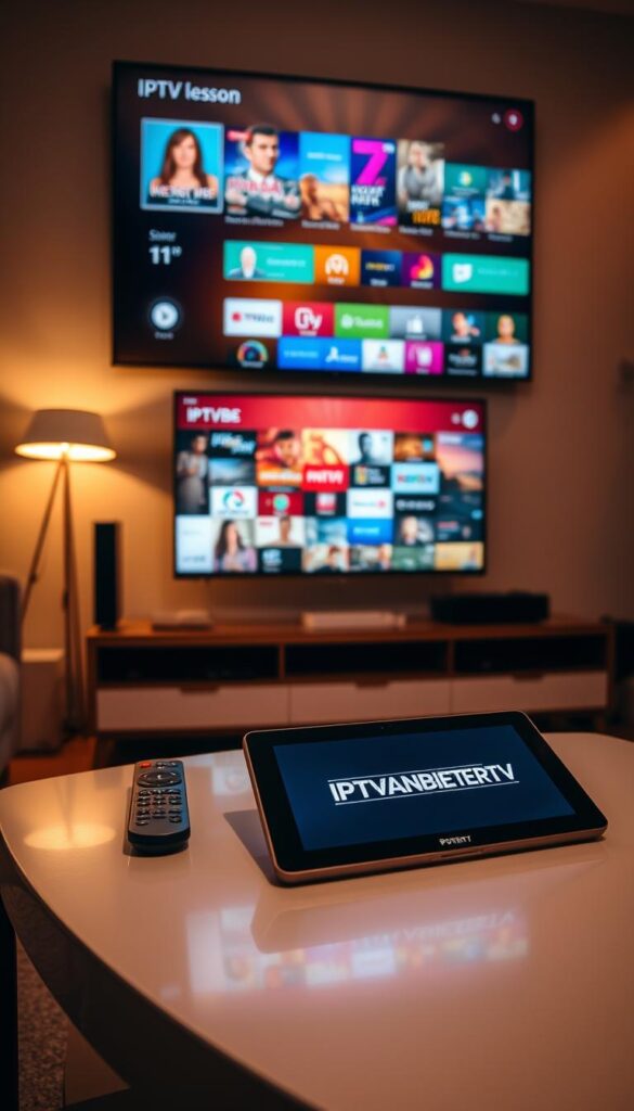 A modern living room with a large flat-screen television displaying a vibrant IPTV streaming interface. The room is bathed in warm, diffused lighting, creating a cozy and inviting atmosphere. On the coffee table, a sleek remote control and a tablet device with the IPTVANBIETERTV logo prominently displayed, indicating the seamless integration of various streaming platforms. The overall scene conveys the ease and convenience of accessing a wide range of content through IPTV technology.