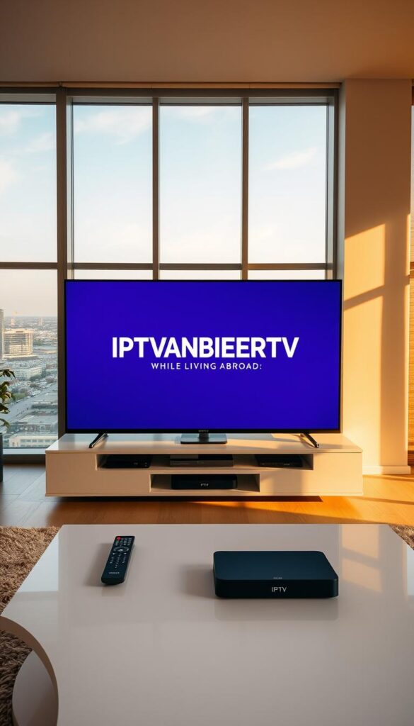 A modern living room with a large flat-screen television displaying the IPTVANBIETERTV logo. The room is bathed in warm, natural lighting, with large windows overlooking a cityscape in the background. On a sleek, minimalist coffee table, a remote control and a streaming device are visible, hinting at the technology powering the IPTV service. The atmosphere is one of comfort and relaxation, reflecting the ease of accessing international television content while living abroad.