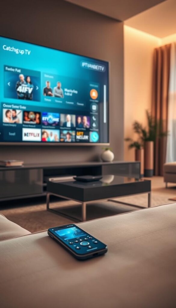 A modern living room with a large flatscreen TV displaying a digital interface showcasing catch-up TV offerings. The TV is surrounded by sleek, minimalist furniture in neutral tones. The room is bathed in warm, soft lighting, creating a cozy, inviting atmosphere. In the foreground, a remote control and a smartphone are placed, hinting at the seamless connectivity between devices and the IPTVANBIETERTV platform. The overall scene conveys a sense of convenience, entertainment, and the latest advancements in home media consumption.