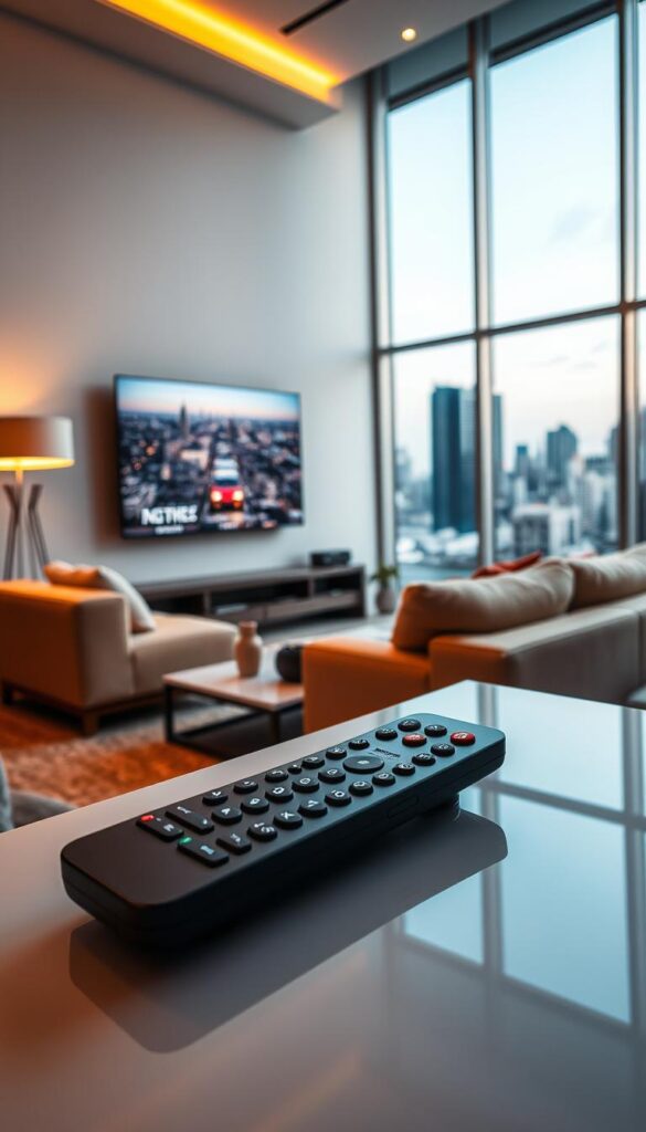 A modern living room with a large flatscreen TV displaying crystal-clear IPTV streaming quality. The room is bathed in warm, soft lighting, creating a cozy and inviting atmosphere. In the foreground, an IPTVANBIETERTV remote control rests on a sleek, minimalist coffee table, hinting at the seamless user experience. The middle ground features plush, comfortable seating arrangements, perfect for a family movie night. The background showcases large windows overlooking a picturesque urban skyline, emphasizing the technology's ability to bring the world into the home. The overall scene conveys a sense of high-quality, reliable IPTV service that enhances the home entertainment experience.