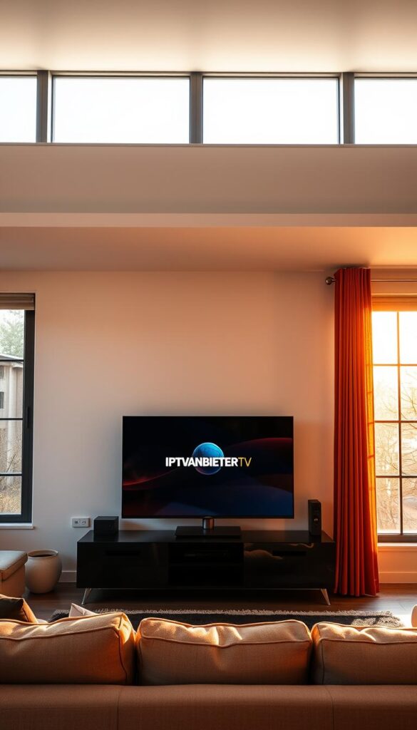 A modern living room with a large flatscreen TV mounted on the wall, displaying the IPTVANBIETERTV logo. The room is bathed in warm, natural lighting filtering through large windows, creating a cozy and inviting atmosphere. The walls are adorned with minimalist decor, and a comfortable couch sits in the foreground, suggesting a relaxed viewing experience. The scene conveys a sense of international appeal, hinting at the challenges expats face in accessing familiar television content while living abroad in Germany.