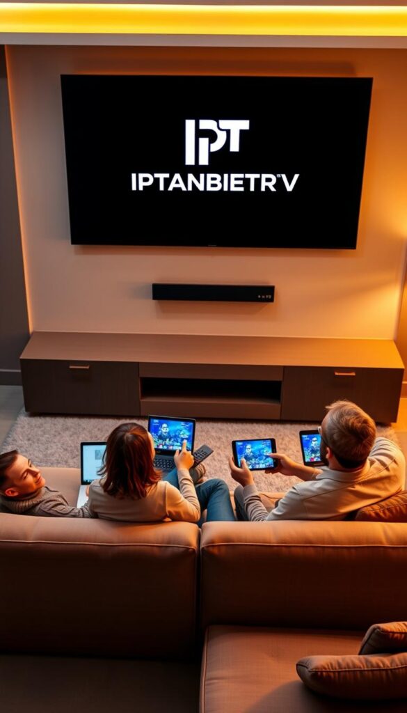 A modern living room with a large flatscreen TV mounted on the wall, displaying the IPTVANBIETERTV logo. In the foreground, a family of four sits comfortably on a plush sectional couch, each person using a different device - a laptop, a tablet, a smartphone, and a smart remote control. The room is bathed in warm, ambient lighting, creating a cozy and inviting atmosphere. The decor features sleek, minimalist furniture and accents, highlighting the seamless integration of technology into the home environment. The overall scene conveys the ease and convenience of accessing IPTV content on multiple devices simultaneously.