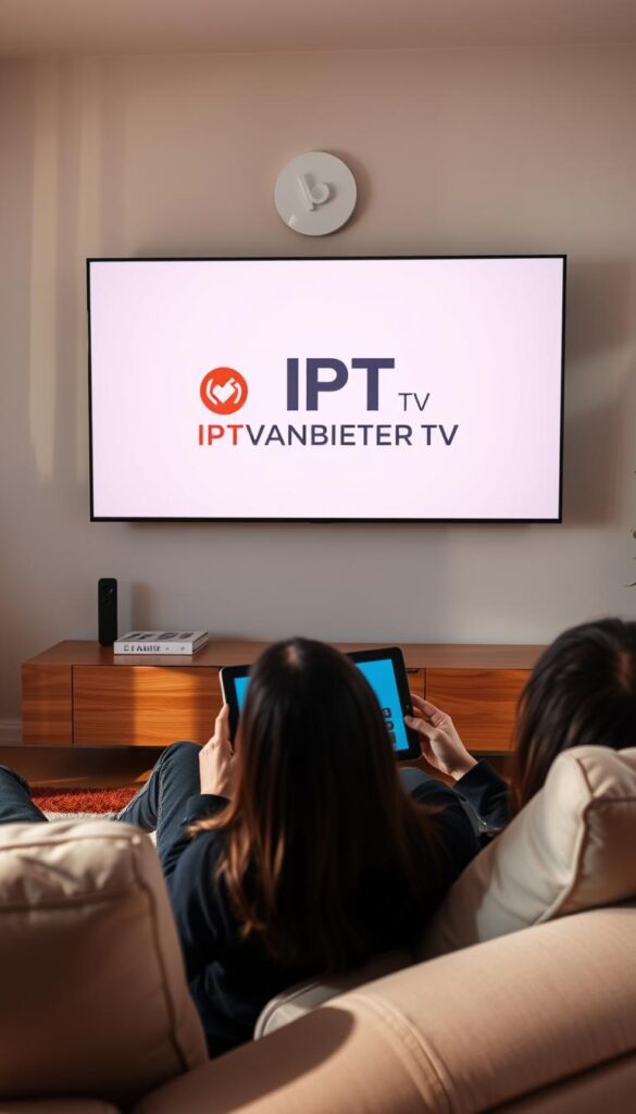 A modern living room with a large flatscreen TV mounted on the wall. On the TV screen, the IPTVANBIETERTV logo is prominently displayed, showcasing its IPTV service offering. In the foreground, a person is comfortably lounging on a plush sofa, tablet in hand, enjoying seamless multi-device access to the IPTV service. The room is bathed in warm, natural lighting, creating a cozy and inviting atmosphere. The overall scene conveys the convenience and versatility of the IPTV service, catering to the modern, tech-savvy consumer in Deutschland.